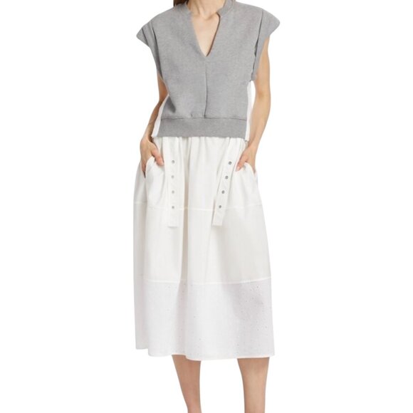 3.1 Phillip Lim Rolled Sleeve Mix Media Eyelet Tiered Cotton Midi Dress Size L - Picture 3 of 16